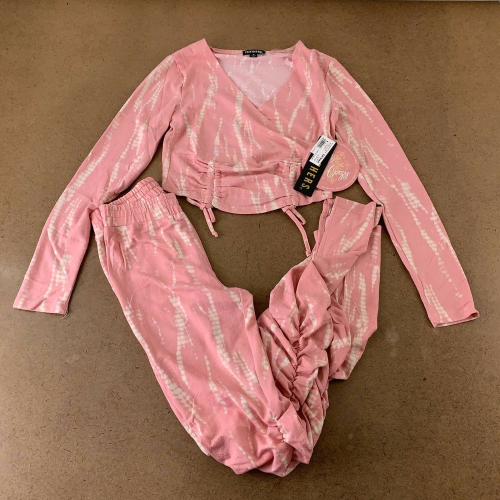 Feathers Womens Top Pants Set Pink White Shibori V Neck Ruched S New